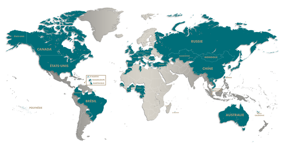 Carte colorée qui montre notre présence dans le monde entier